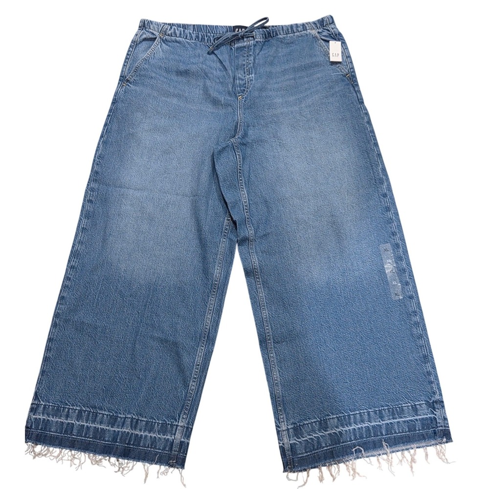 NEW GAP Womens XL Light Wash Wide Leg Drawstring Denim Pants Raw Hem Easy Relax